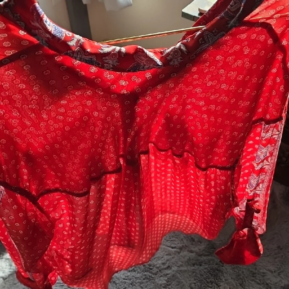 Free People Red and White Puff Sheer Sleeve Blouse Polka Dot Medium